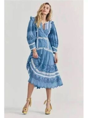 LoveShackFancy Blue Eyelet Lace Midi Dress with Puff Sleeves